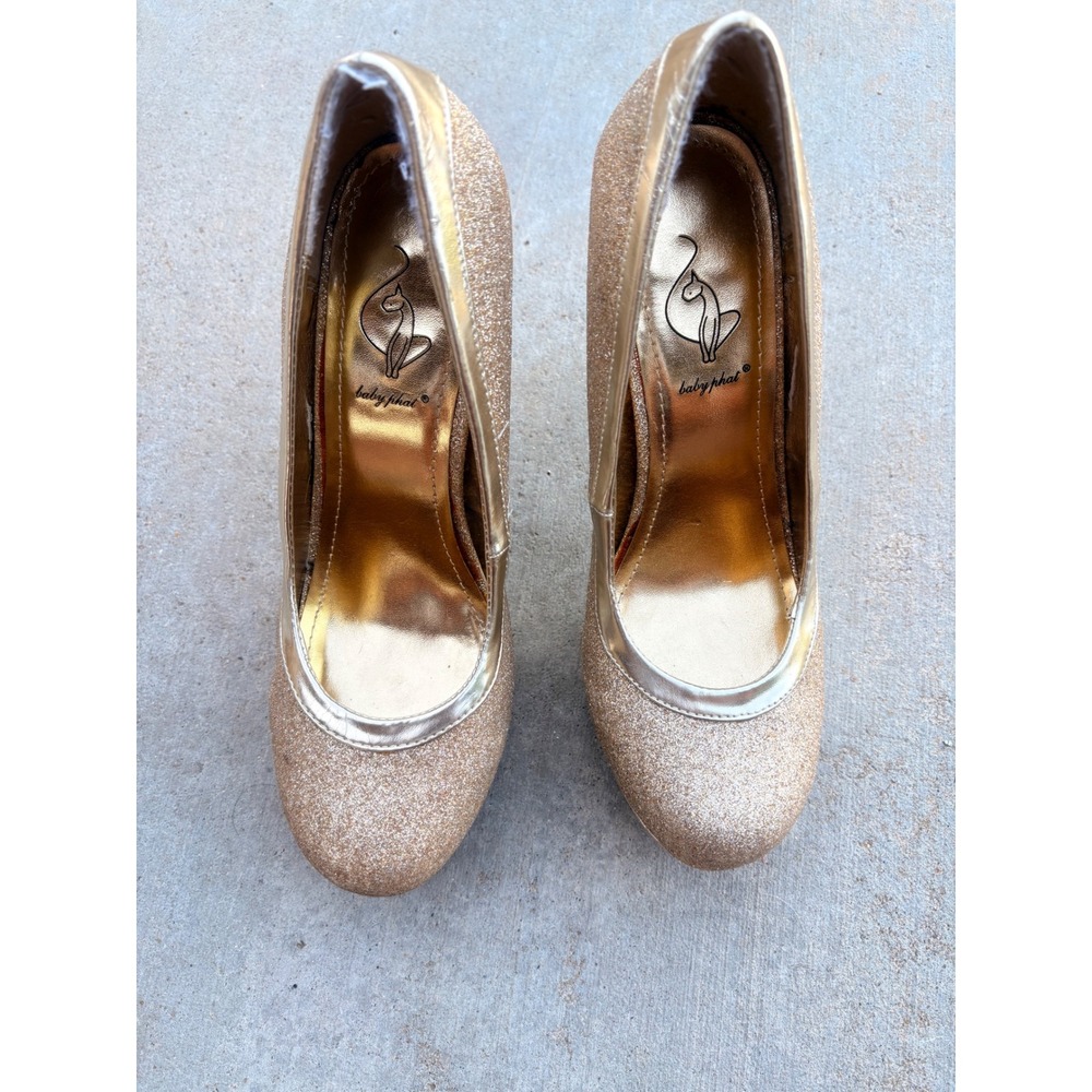 Y2K Baby Phat Gold Glitter Platform Pumps Stiletto Heels Round Toe Glam 8 - Picture 2 of 5